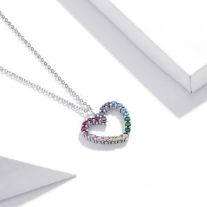 Solid 925 Sterling Silver Heart Shaped Rainbow Color Pendant Necklace