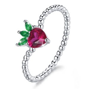 Solid 925 Sterling Silver Strawberry Ball Chain Ring