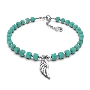 Solid 925 Sterling Silver Single Wing Turquoise Beaded Bracelet