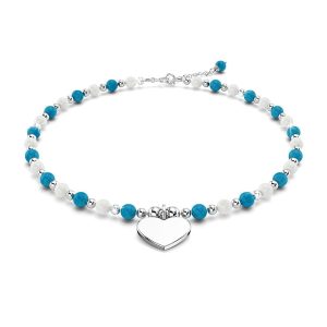 Solid 925 Sterling Silver Heart Turqoise Lapis Lazuli and Freshwater Pearls Beaded Bracelet