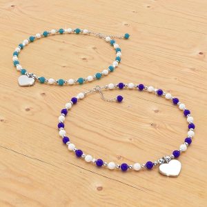 Solid 925 Sterling Silver Heart Turqoise Lapis Lazuli and Freshwater Pearls Beaded Bracelet