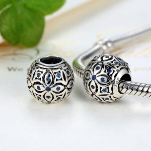 Solid 925 Sterling Silver Floral with Sapphire Blue CZ Charm