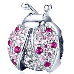 Solid 925 Sterling Silver Pink Beetle with CZ Charm