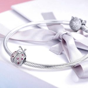 Solid 925 Sterling Silver Pink Beetle with CZ Charm