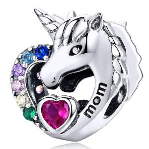 Solid 925 Sterling Silver Mom Inscription Unicorn Multicoloured CZ Charm