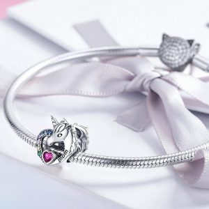 Solid 925 Sterling Silver Mom Inscription Unicorn Multicoloured CZ Charm