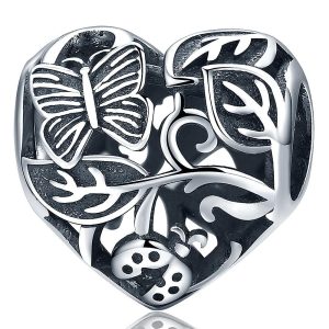 Solid 925 Sterling Silver Butterfly Garden Heart Charm