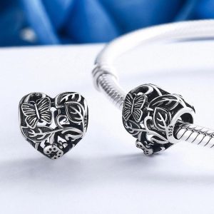 Solid 925 Sterling Silver Butterfly Garden Heart Charm