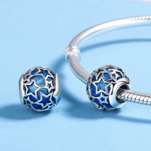 Solid 925 Sterling Silver Sky Blue Stars CZ Charm