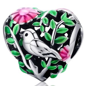 Solid 925 Sterling Silver Bird In A Heart Charm