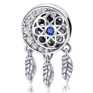 Solid 925 Sterling Silver Dream Catcher Sapphire Blue CZ Charm