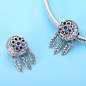 Solid 925 Sterling Silver Dream Catcher Sapphire Blue CZ Charm