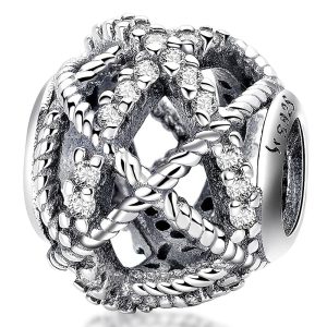 Solid 925 Sterling Silver Twisted Rope CZ Round Charm