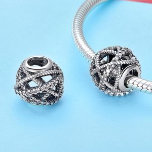 Solid 925 Sterling Silver Twisted Rope CZ Round Charm