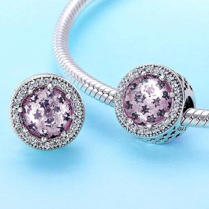 Solid 925 Sterling Silver Pink Mystic Stars CZ Charm