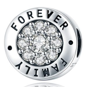 Solid 925 Sterling Silver Forever Family Inscription CZ Charm
