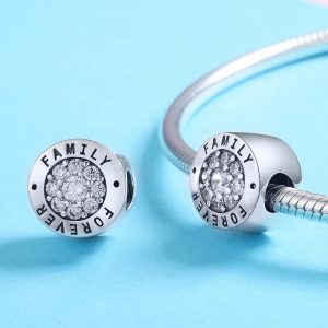 Solid 925 Sterling Silver Forever Family Inscription CZ Charm