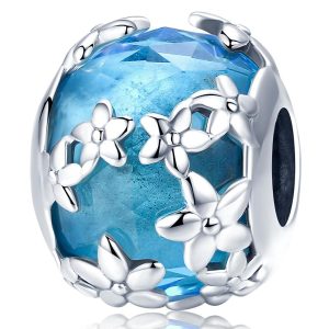 Solid 925 Sterling Silver Floral Garden Crystal Glass Charm