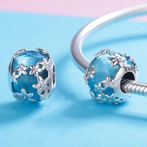 Solid 925 Sterling Silver Floral Garden Crystal Glass Charm