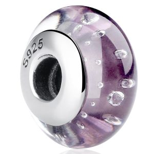 Solid 925 Sterling Silver Violet Bubbles Inclusion Murano Glass Charm