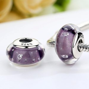 Solid 925 Sterling Silver Violet Bubbles Inclusion Murano Glass Charm