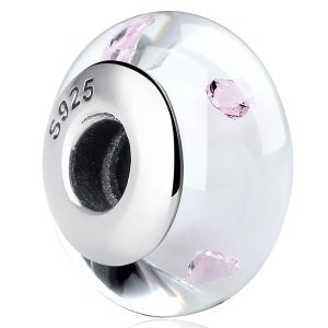 Solid 925 Sterling Silver Pink Hearts Inclusion Murano Glass Charm