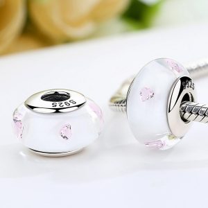 Solid 925 Sterling Silver Pink Hearts Inclusion Murano Glass Charm