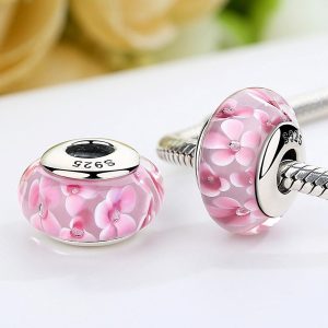 Solid 925 Sterling Silver Peach Blossom Inclusion Murano Glass Charm