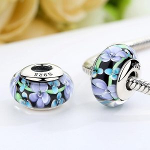 Solid 925 Sterling Silver Green and Purple Blossom Inclusion Murano Glass Charm