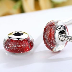 Solid 925 Sterling Silver Red Stardust Inclusion Murano Glass Charm
