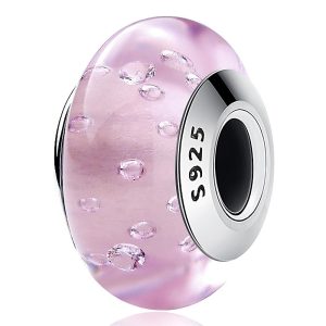 Solid 925 Sterling Silver Pink Bubbles Inclusion Murano Glass Charm