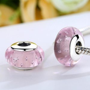 Solid 925 Sterling Silver Pink Bubbles Inclusion Murano Glass Charm