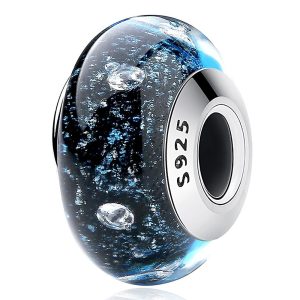 Solid 925 Sterling Silver Dark Blue Bubbles Inclusion Murano Glass Charm