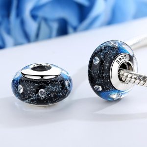 Solid 925 Sterling Silver Dark Blue Bubbles Inclusion Murano Glass Charm