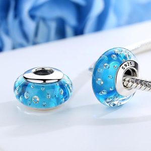 Solid 925 Sterling Silver Sky Blue Bubbles Inclusion Murano Glass Charm