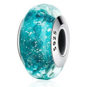 Solid 925 Sterling Silver Cyan Stardust Murano Glass Charm