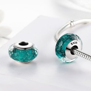 Solid 925 Sterling Silver Cyan Stardust Murano Glass Charm