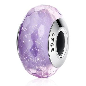 Solid 925 Sterling Silver Pale Purple Stardust Murano Glass Charm