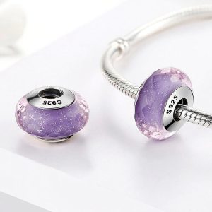 Solid 925 Sterling Silver Pale Purple Stardust Murano Glass Charm
