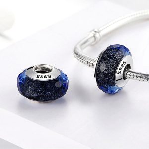 Solid 925 Sterling Silver Pale Dark Sapphire Stardust Murano Glass Charm