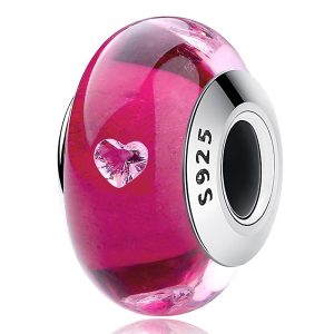 Solid 925 Sterling Silver Rose Red Hearts Inclusion Murano Glass Charm