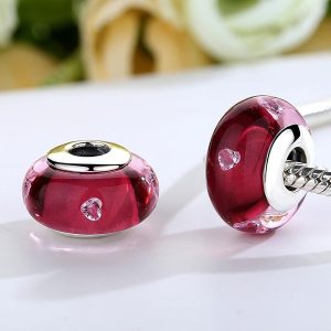 Solid 925 Sterling Silver Rose Red Hearts Inclusion Murano Glass Charm