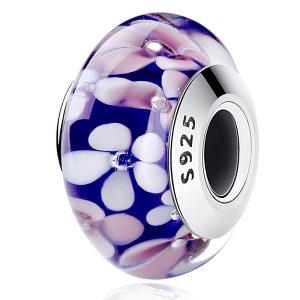 Solid 925 Sterling Silver Pink and White Blossom Inclusion Murano Glass Charm