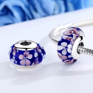 Solid 925 Sterling Silver Pink and White Blossom Inclusion Murano Glass Charm