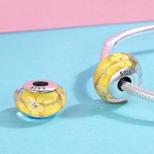 Solid 925 Sterling Silver Yellow Blossom Inclusion Murano Glass Charm