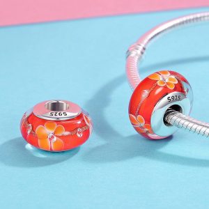 Solid 925 Sterling Silver Bright Orange Blossom Inclusion Murano Glass Charm