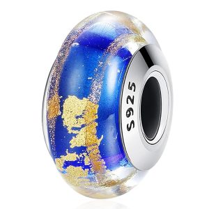 Solid 925 Sterling Silver Earth Galaxy Inclusion Murano Glass Charm