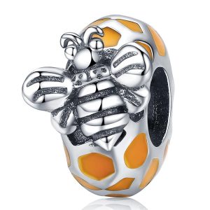 Solid 925 Sterling Silver Black and White Bee Honey Charm