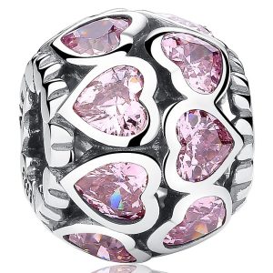 Solid 925 Sterling Silver Explosion Pink Heart CZ Charm