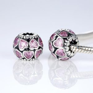 Solid 925 Sterling Silver Explosion Pink Heart CZ Charm
